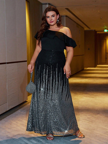 Woochic robe soirée grande taille noir et argent à paillettes à une épaule, banquet noir 0XL
